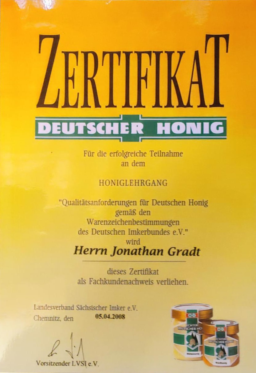 Zertifikat2 Zertifikat Deutscher Honig als Fachkundenachweis für Jonathan Gradt vom Landesverband Sächsischer Imker 2008